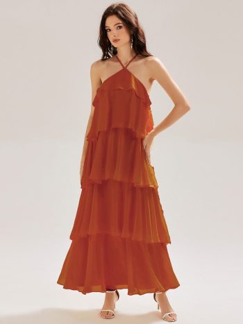 Backless Chiffon Tiered Maxi Dress - Burnt Orange