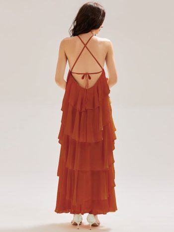 Backless Chiffon Tiered Maxi Dress - Burnt Orange