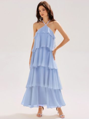 Backless Chiffon Tiered Maxi Dress - Ice Blue