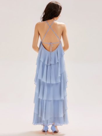 Backless Chiffon Tiered Maxi Dress - Ice Blue
