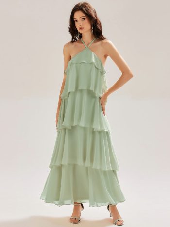 Backless Chiffon Tiered Maxi Dress - Mint Green