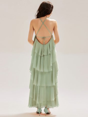 Backless Chiffon Tiered Maxi Dress - Mint Green