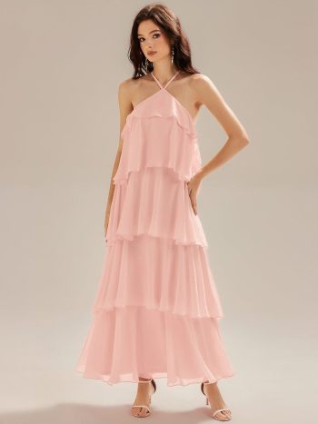 Backless Chiffon Tiered Maxi Dress - Pink
