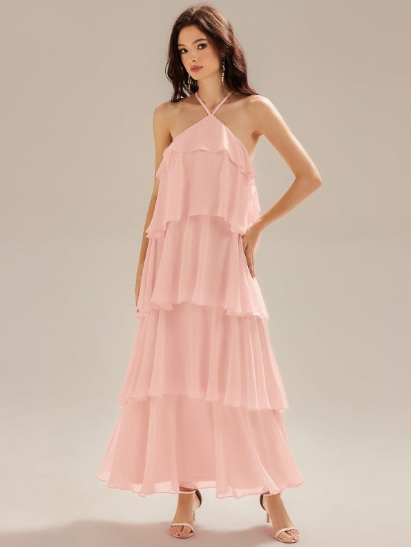 Backless Chiffon Tiered Maxi Dress - Pink