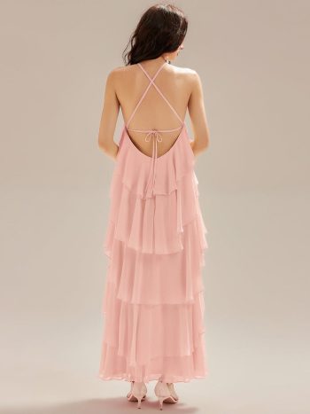Backless Chiffon Tiered Maxi Dress - Pink