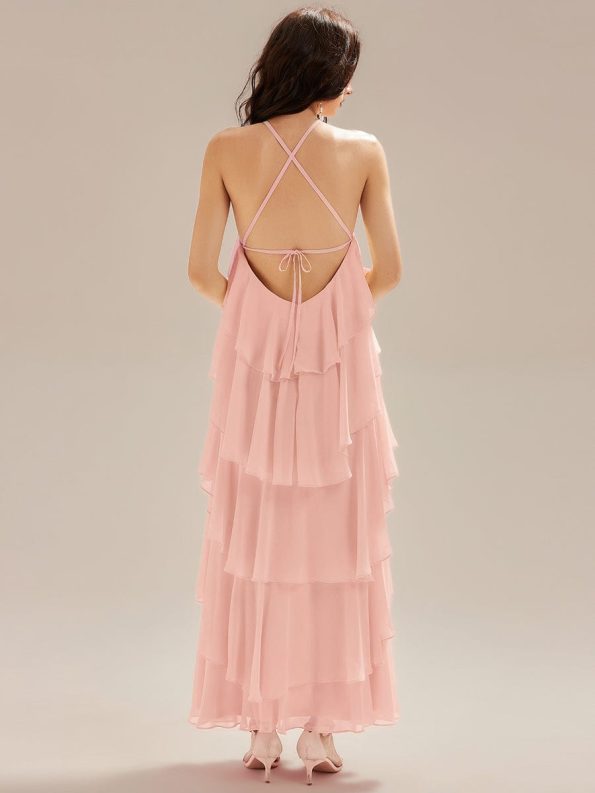 Backless Chiffon Tiered Maxi Dress - Pink