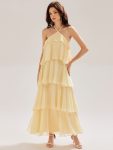 Backless Chiffon Tiered Maxi Dress - Yellow