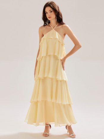 Backless Chiffon Tiered Maxi Dress - Yellow