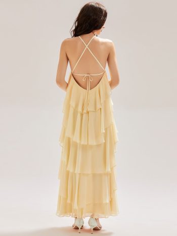 Backless Chiffon Tiered Maxi Dress - Yellow