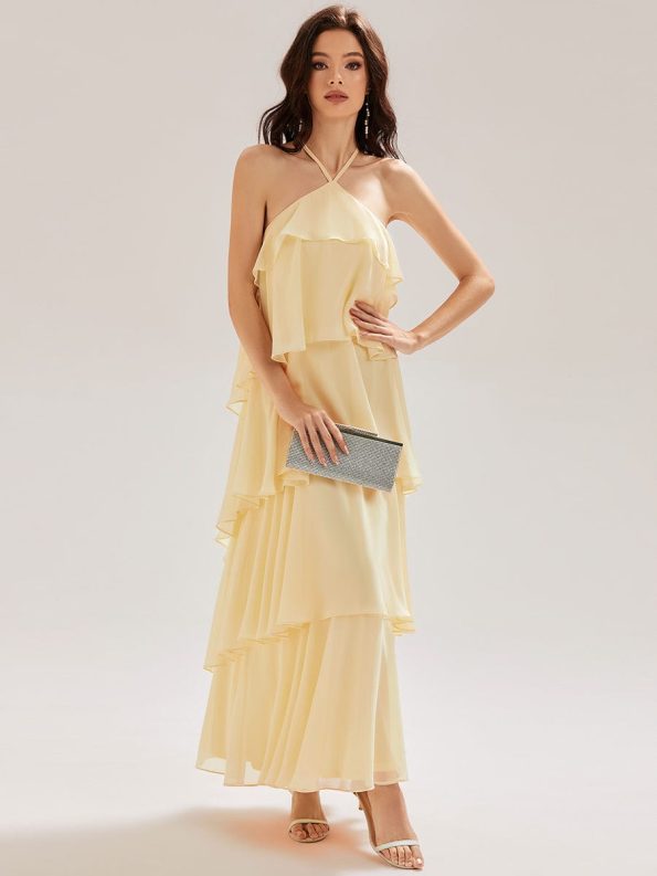 Backless Chiffon Tiered Maxi Dress - Yellow