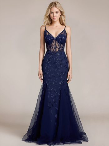 Back-Tie Sequin Mermaid Formal Dress - Navy Blue