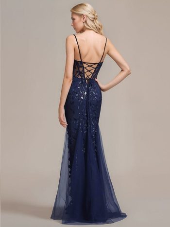 Back-Tie Sequin Mermaid Formal Dress - Navy Blue