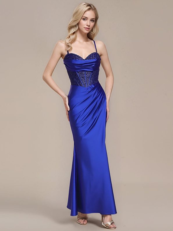 Back-Tie Satin Bodycon Formal Dress - Sapphire Blue