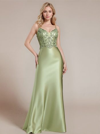 Lace-Up Satin Sleeveless Formal Dress - Mint Green