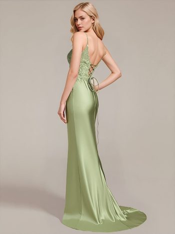 Lace-Up Satin Sleeveless Formal Dress - Mint Green