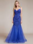 Deep V-Neck Sequin Sleeveless Formal Dress - Sapphire Blue