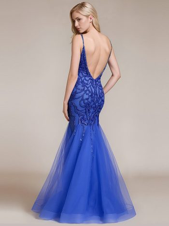 Deep V-Neck Sequin Sleeveless Formal Dress - Sapphire Blue