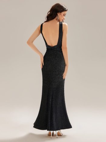 Backless Glitter Mermaid Maxi Dress - Black
