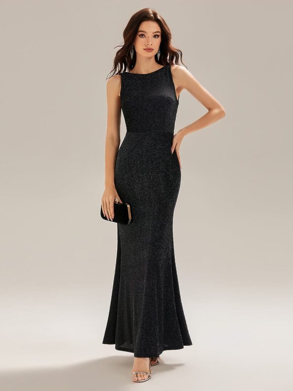 Backless Glitter Mermaid Maxi Dress - Black
