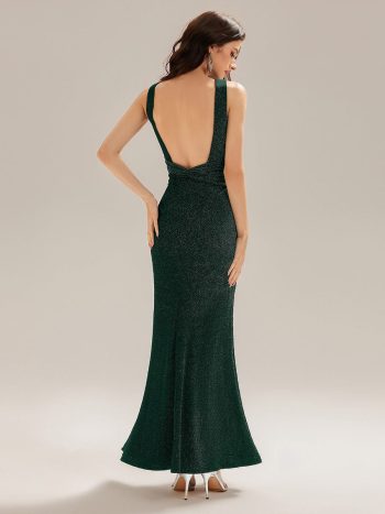 Backless Glitter Mermaid Maxi Dress - Dark Green