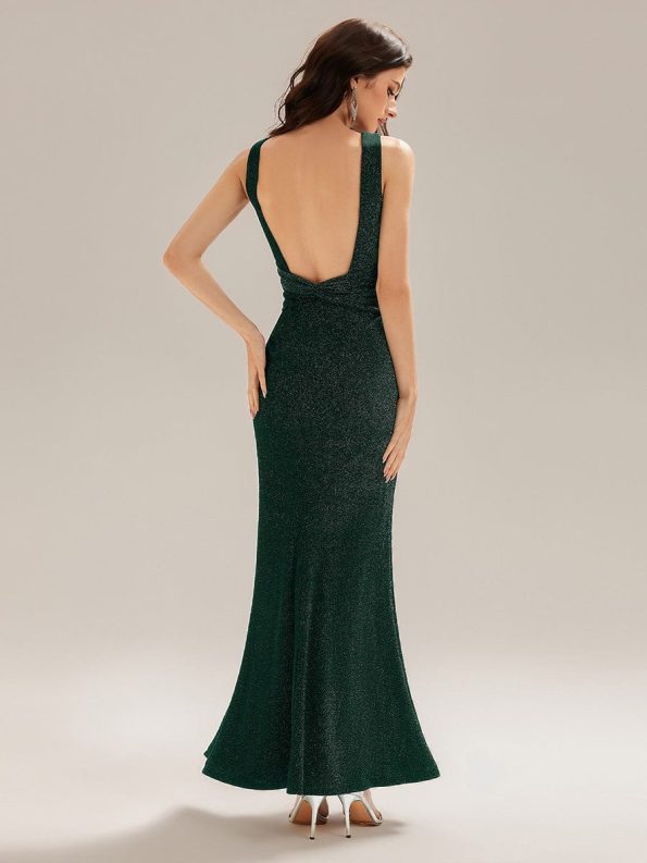 Backless Glitter Mermaid Maxi Dress - Dark Green
