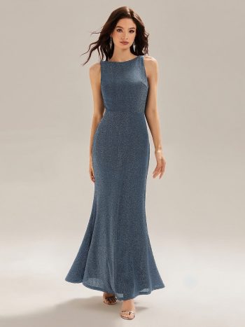 Backless Glitter Mermaid Maxi Dress - Dusty Blue