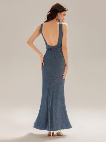 Backless Glitter Mermaid Maxi Dress - Dusty Blue