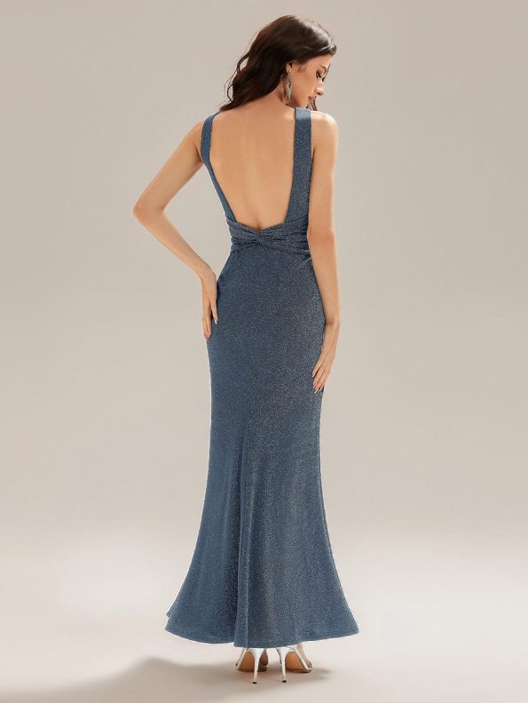 Backless Glitter Mermaid Maxi Dress - Dusty Blue
