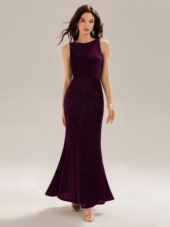 Backless Glitter Mermaid Maxi Dress - Dark Purple