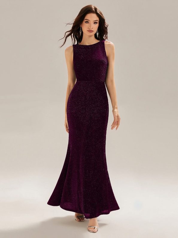 Backless Glitter Mermaid Maxi Dress - Dark Purple