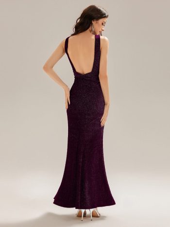 Backless Glitter Mermaid Maxi Dress - Dark Purple