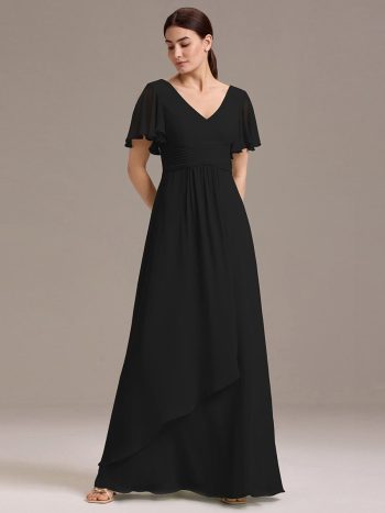 Chiffon Double V-Neck A-Line Ruffled Sleeves Bridesmaid Dress with Asymmetrical Hem - Black