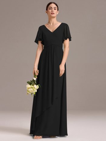 Chiffon Double V-Neck A-Line Ruffled Sleeves Bridesmaid Dress with Asymmetrical Hem - Black