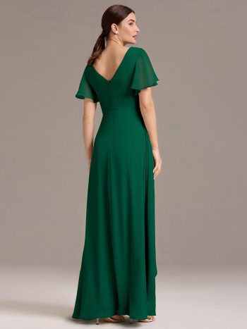 Chiffon Double V-Neck A-Line Ruffled Sleeves Bridesmaid Dress with Asymmetrical Hem - Dark Green