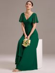 Chiffon Double V-Neck A-Line Ruffled Sleeves Bridesmaid Dress with Asymmetrical Hem – Dark Green