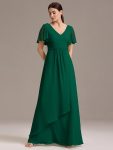 Chiffon Double V-Neck A-Line Ruffled Sleeves Bridesmaid Dress with Asymmetrical Hem – Dark Green