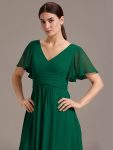 Chiffon Double V-Neck A-Line Ruffled Sleeves Bridesmaid Dress with Asymmetrical Hem – Dark Green