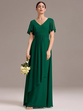 Chiffon Double V-Neck A-Line Ruffled Sleeves Bridesmaid Dress with Asymmetrical Hem - Dark Green