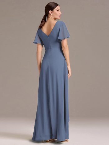 Chiffon Double V-Neck A-Line Ruffled Sleeves Bridesmaid Dress with Asymmetrical Hem - Dusty Blue