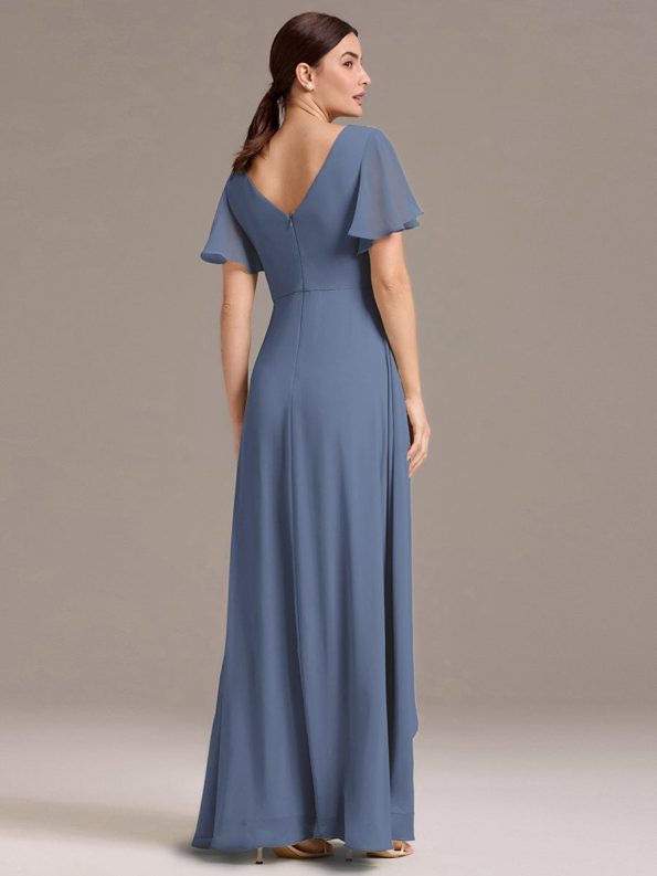Chiffon Double V-Neck A-Line Ruffled Sleeves Bridesmaid Dress with Asymmetrical Hem - Dusty Blue