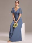 Chiffon Double V-Neck A-Line Ruffled Sleeves Bridesmaid Dress with Asymmetrical Hem – Dusty Blue