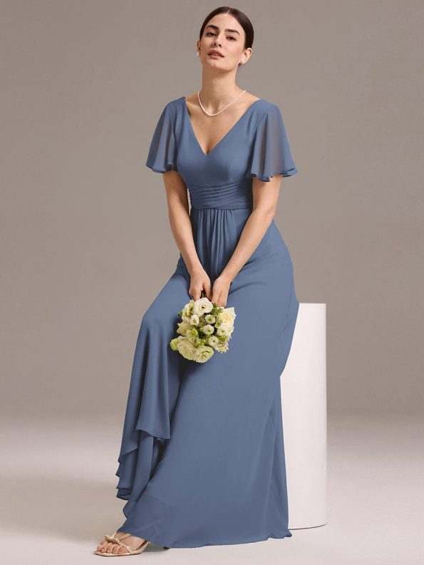 Chiffon Double V-Neck A-Line Ruffled Sleeves Bridesmaid Dress with Asymmetrical Hem - Dusty Blue