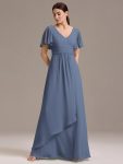 Chiffon Double V-Neck A-Line Ruffled Sleeves Bridesmaid Dress with Asymmetrical Hem – Dusty Blue