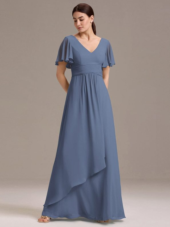 Chiffon Double V-Neck A-Line Ruffled Sleeves Bridesmaid Dress with Asymmetrical Hem - Dusty Blue