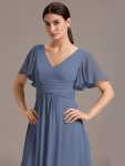Chiffon Double V-Neck A-Line Ruffled Sleeves Bridesmaid Dress with Asymmetrical Hem – Dusty Blue