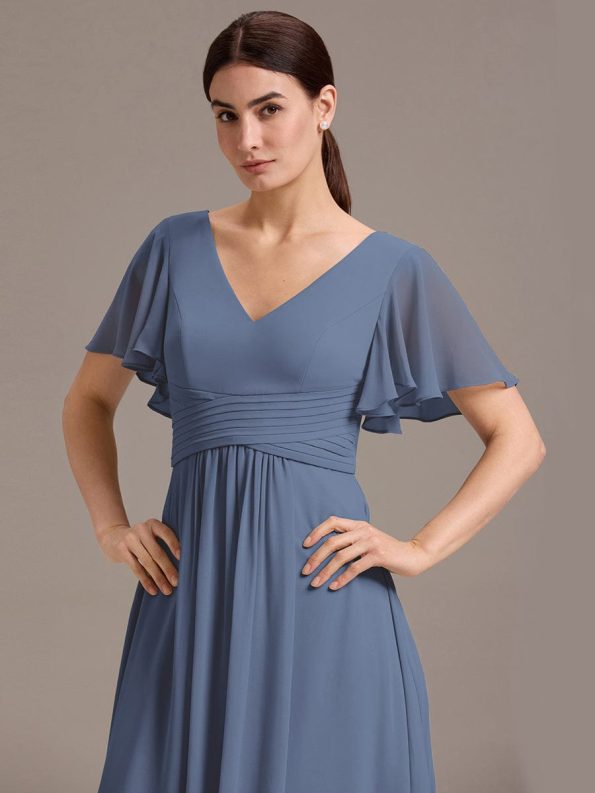 Chiffon Double V-Neck A-Line Ruffled Sleeves Bridesmaid Dress with Asymmetrical Hem - Dusty Blue