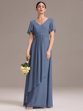 Chiffon Double V-Neck A-Line Ruffled Sleeves Bridesmaid Dress with Asymmetrical Hem - Dusty Blue