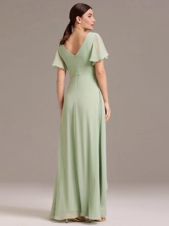 Chiffon Double V-Neck A-Line Ruffled Sleeves Bridesmaid Dress with Asymmetrical Hem - Mint Green