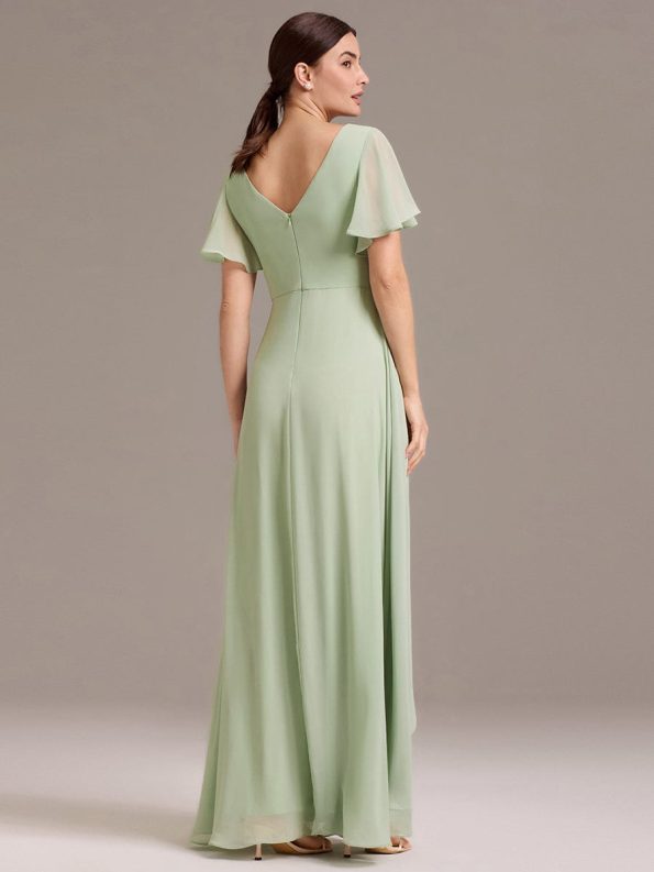 Chiffon Double V-Neck A-Line Ruffled Sleeves Bridesmaid Dress with Asymmetrical Hem - Mint Green