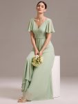 Chiffon Double V-Neck A-Line Ruffled Sleeves Bridesmaid Dress with Asymmetrical Hem – Mint Green